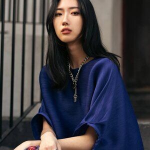 Kate Hewko - Glam Sleeve Textured Top, Blue/Indigo, One Size